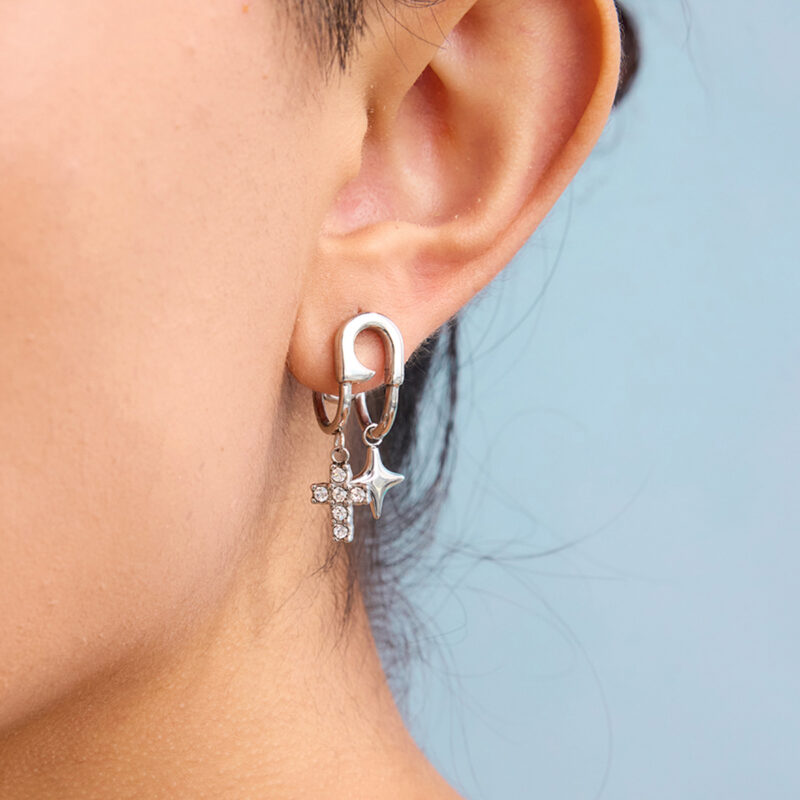 Stainless Steel Paperclip Earrings with Cross & Star Pendant - Unique Design - Image 3