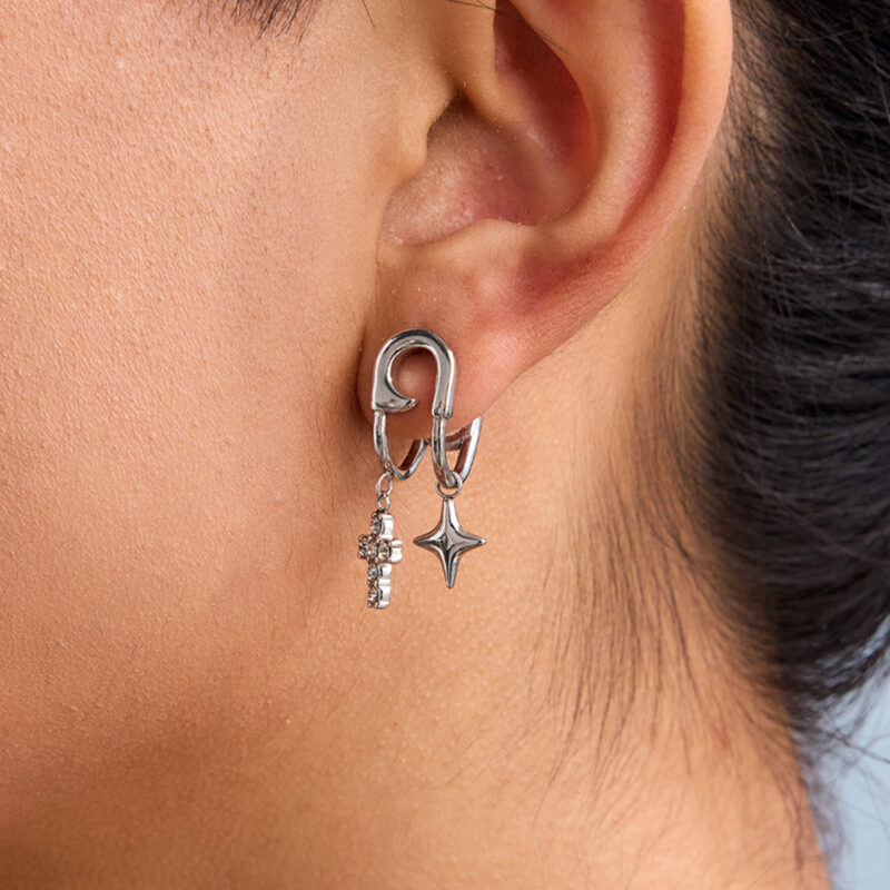 Stainless Steel Paperclip Earrings with Cross & Star Pendant - Unique Design - Image 4