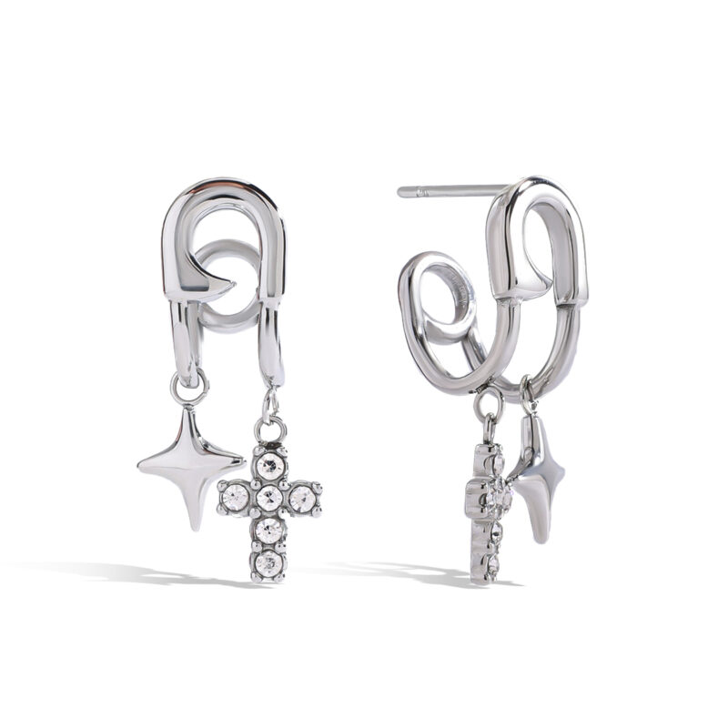 Stainless Steel Paperclip Earrings with Cross & Star Pendant - Unique Design