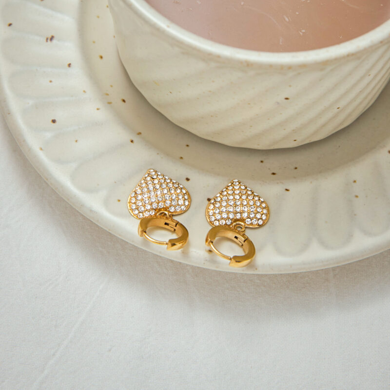 18K Gold Heart Pendant Earrings - Romantic White Zirconia Dangle Earrings for Women - Image 2