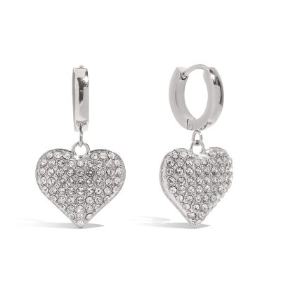 White Gold Plated Heart Pendant Earrings - Romantic White Zirconia Dangle Earrings for Women
