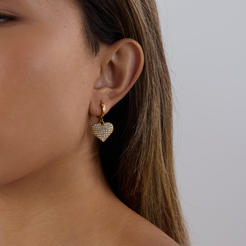18K Gold Heart Pendant Earrings - Romantic White Zirconia Dangle Earrings for Women - Image 4