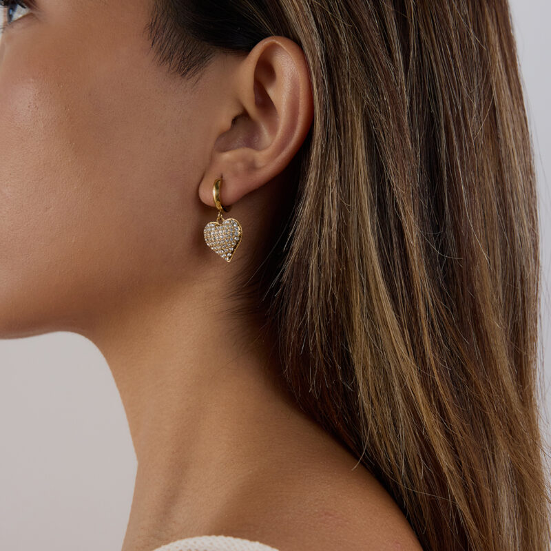 18K Gold Heart Pendant Earrings - Romantic White Zirconia Dangle Earrings for Women - Image 5