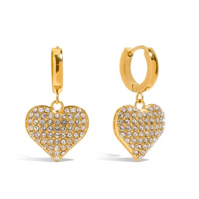 18K Gold Heart Pendant Earrings - Romantic White Zirconia Dangle Earrings for Women