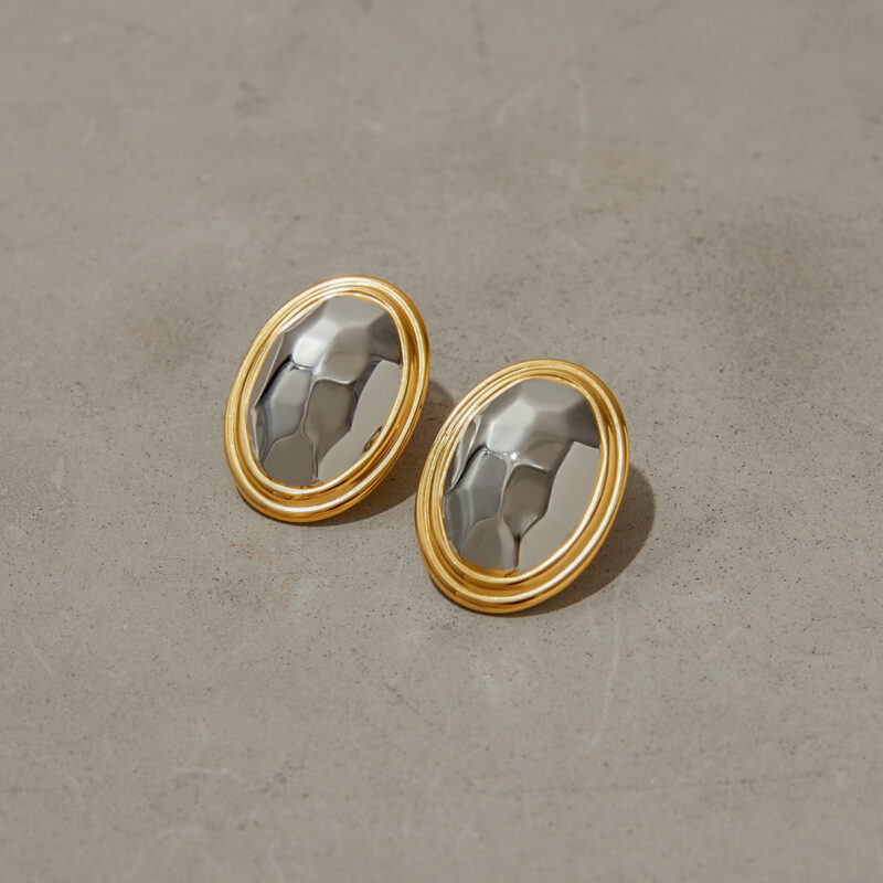 J&D Modern Minimalist 18K Gold Plated Stainless Steel Two Tone Hammered Oval Earrings Shine for Elegant Evening Party - Image 3