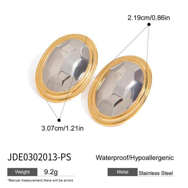 J&D Modern Minimalist 18K Gold Plated Stainless Steel Two Tone Hammered Oval Earrings Shine for Elegant Evening Party - Image 6