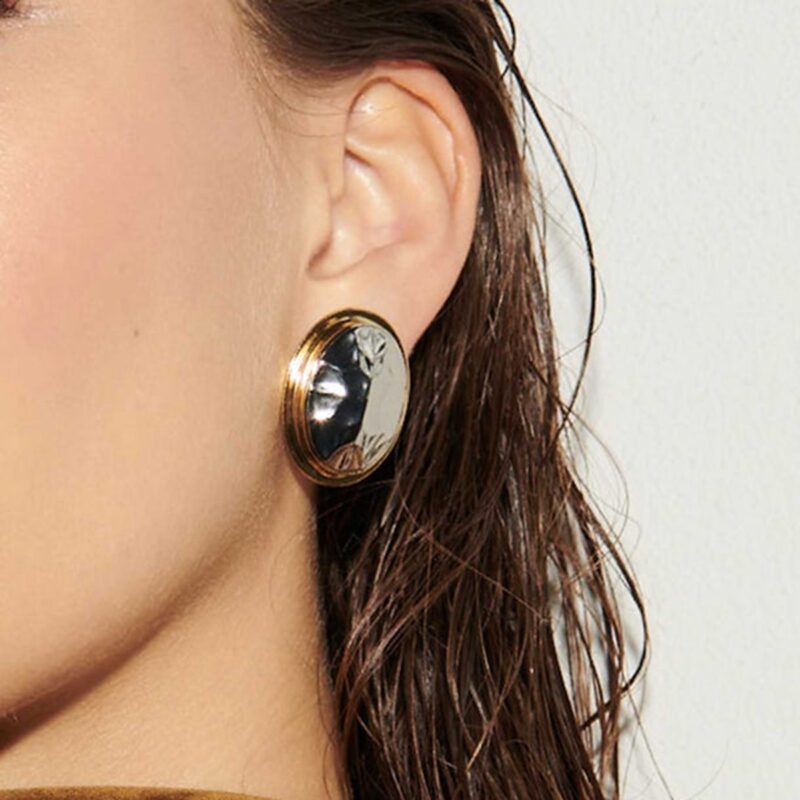 J&D Modern Minimalist 18K Gold Plated Stainless Steel Two Tone Hammered Oval Earrings Shine for Elegant Evening Party - Image 4