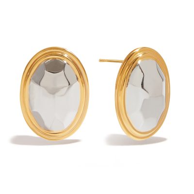J&D Modern Minimalist 18K Gold Plated Stainless Steel Two Tone Hammered Oval Earrings Shine for Elegant Evening Party