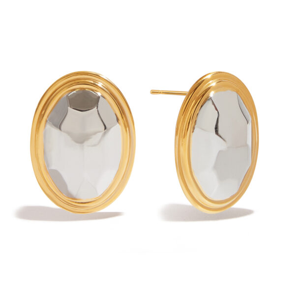 J&D Modern Minimalist 18K Gold Plated Stainless Steel Two Tone Hammered Oval Earrings Shine for Elegant Evening Party