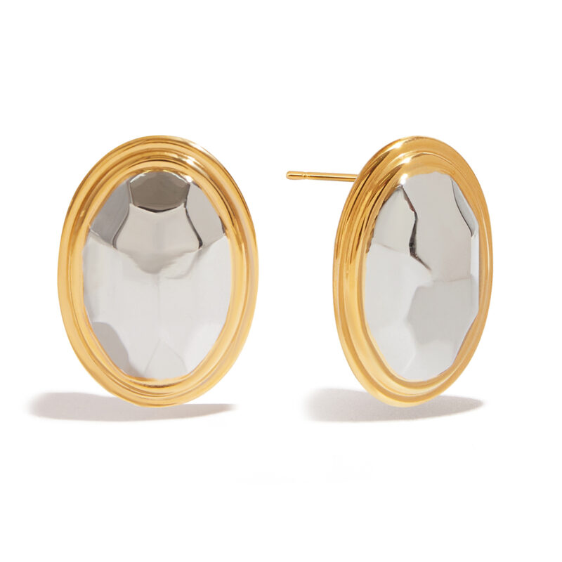 J&D Modern Minimalist 18K Gold Plated Stainless Steel Two Tone Hammered Oval Earrings Shine for Elegant Evening Party