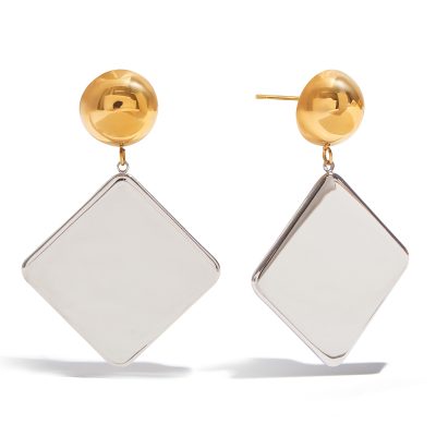 J&D Hiphop 18K Gold Plated Stainless Steel Big Glossy Metal Two Tone Earrings Waterproof Jewelry for Cool Street Dance Girls