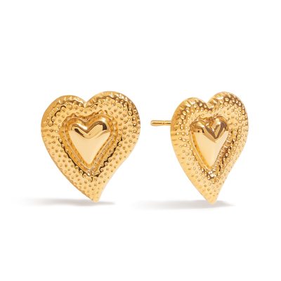 J&D 18K Gold Stainless Steel Romantic Hammered Heart Earrings for Women Sweet Love Dainty Elegant Jewelry Trendy Gift Idea