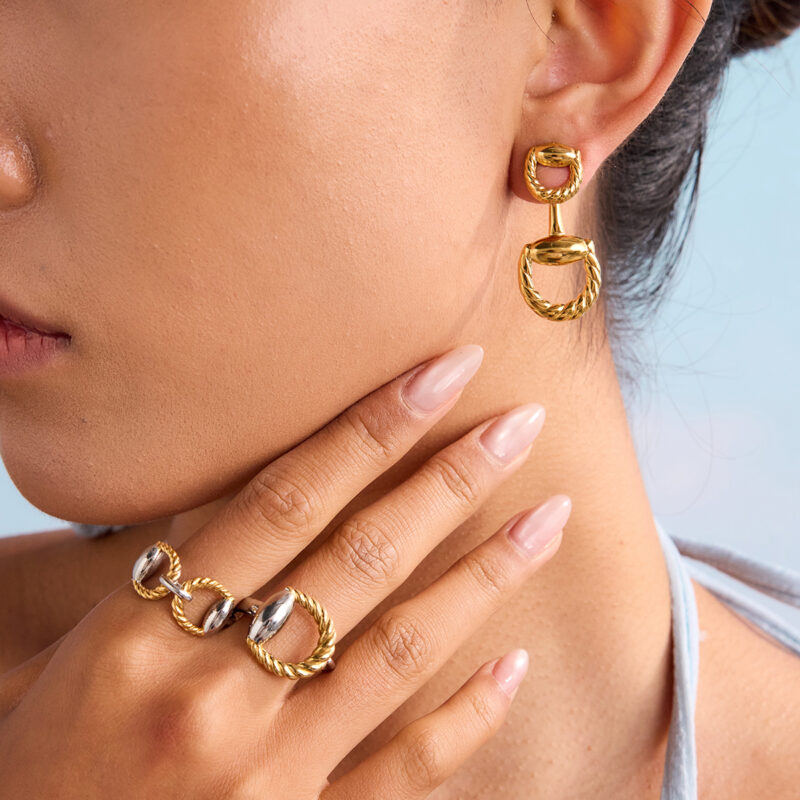 JD Exclusive Women's 18K Gold Stainless Steel Horseshoe Drop Earrings Pair - Image 3