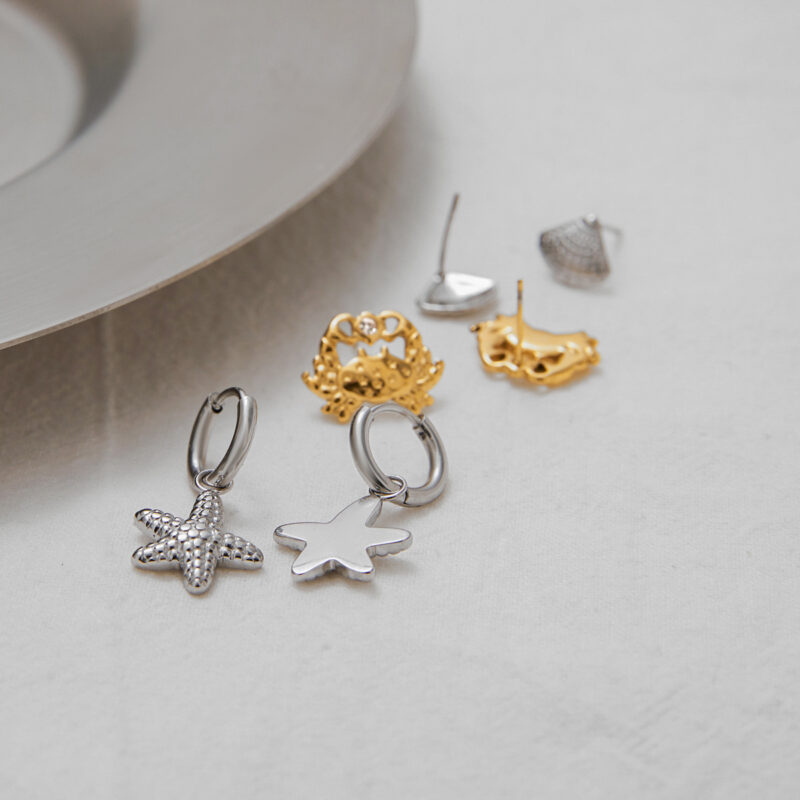 J&D New Trendy 18k Gold Stainless Steel Tarnish Free Vacation Ocean Style Rhinestones Starfish Crab Shell 3pcs Earring Set - Image 2