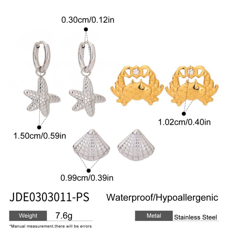J&D New Trendy 18k Gold Stainless Steel Tarnish Free Vacation Ocean Style Rhinestones Starfish Crab Shell 3pcs Earring Set - Image 5