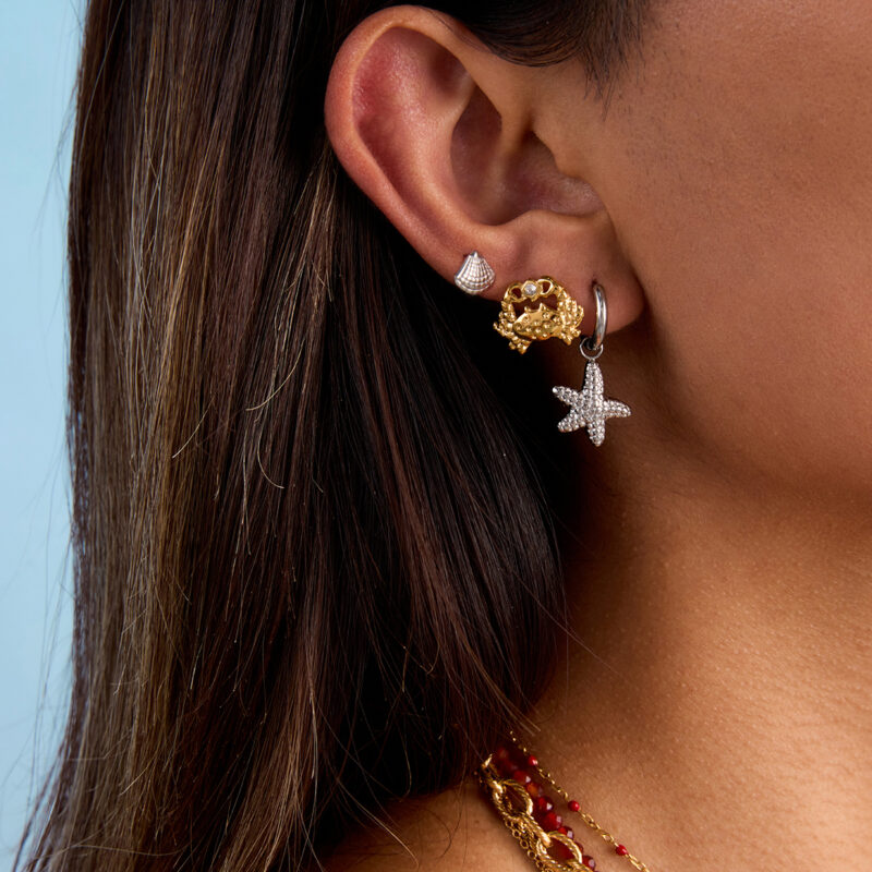 J&D New Trendy 18k Gold Stainless Steel Tarnish Free Vacation Ocean Style Rhinestones Starfish Crab Shell 3pcs Earring Set - Image 3