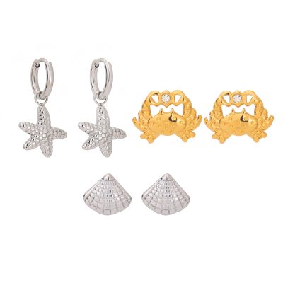 J&D New Trendy 18k Gold Stainless Steel Tarnish Free Vacation Ocean Style Rhinestones Starfish Crab Shell 3pcs Earring Set