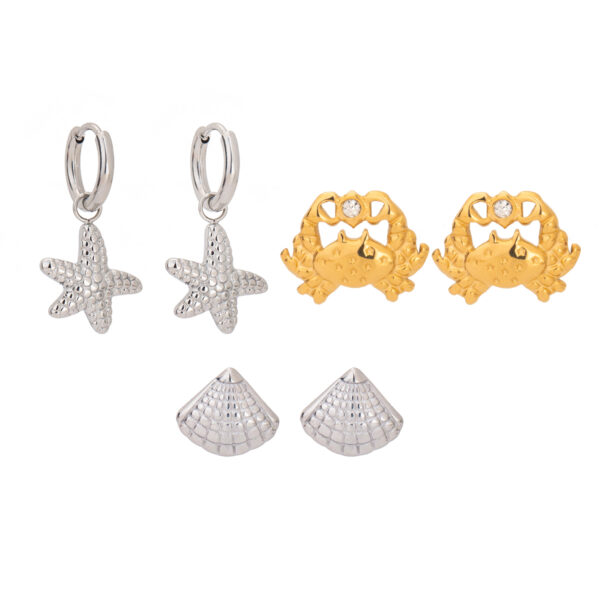 J&D New Trendy 18k Gold Stainless Steel Tarnish Free Vacation Ocean Style Rhinestones Starfish Crab Shell 3pcs Earring Set