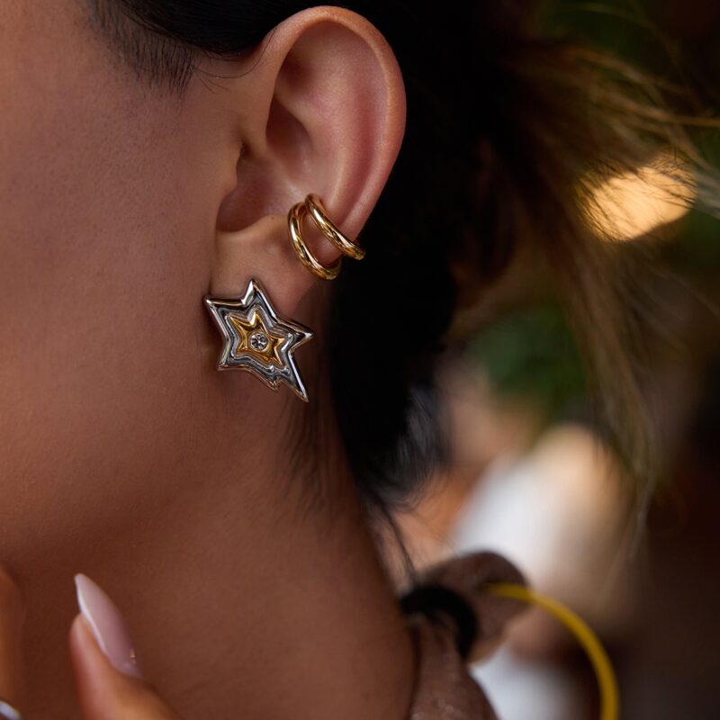 J&D Designer Niche 18K Gold Plated Stainless Steel Rhinestones Ear Cuff Earrings Two Tone Meteor Fashion Earrings Jewelry Women - Image 4