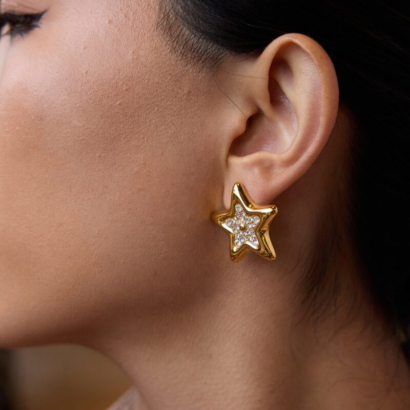 J&D Designer 18K Gold Plated Stainless Steel Earrings of Rhinestone Fine Stud Earrings Star Dainty Jewelry for Women - Image 5