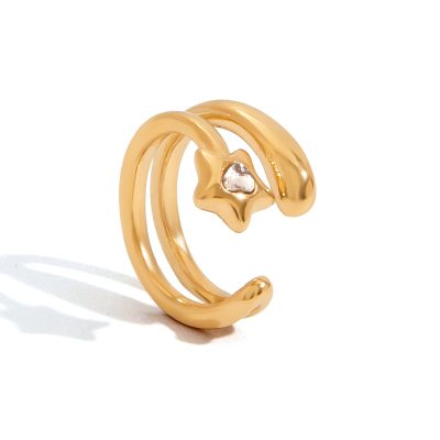 J&D Designer 18K Gold Plated Stainless Steel Celestial Star Small Women's Cuff Earrings with Rhinestones Fashion Jewelry