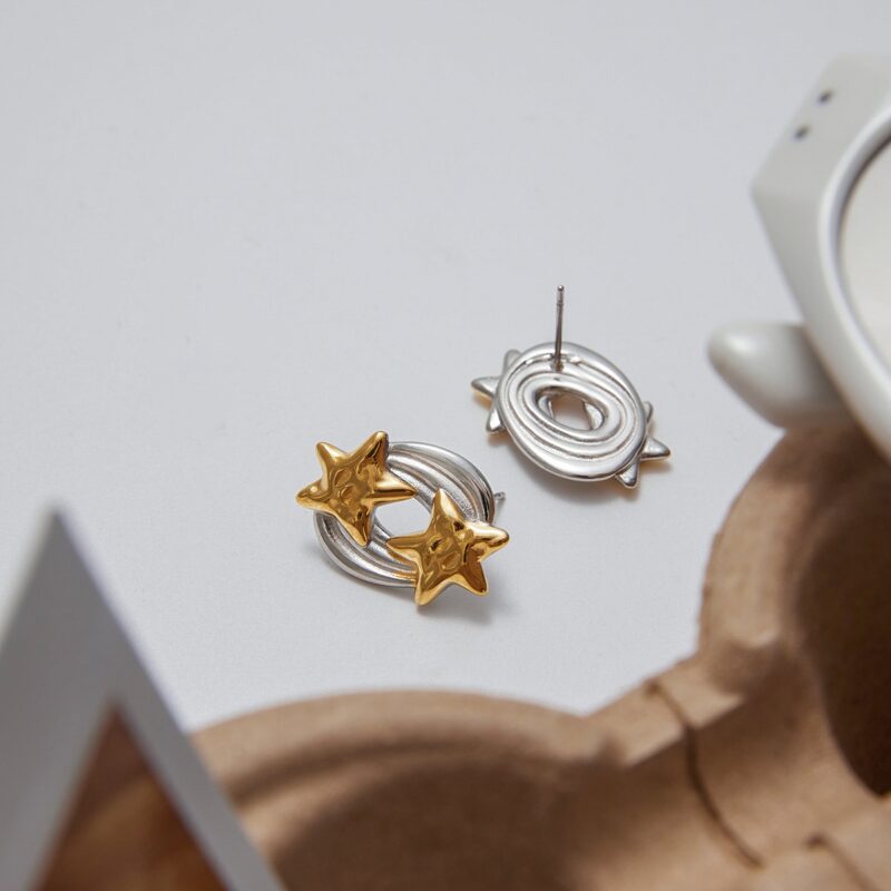 J&D Designer Two-Tone Stud Earrings Hammered Star Meteor 18K Gold Plated Stainless Steel Earrings Fashion Jewelry for Women - Image 4