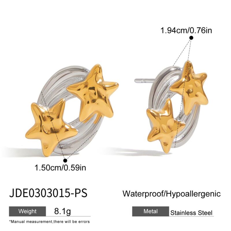 J&D Designer Two-Tone Stud Earrings Hammered Star Meteor 18K Gold Plated Stainless Steel Earrings Fashion Jewelry for Women - Image 6