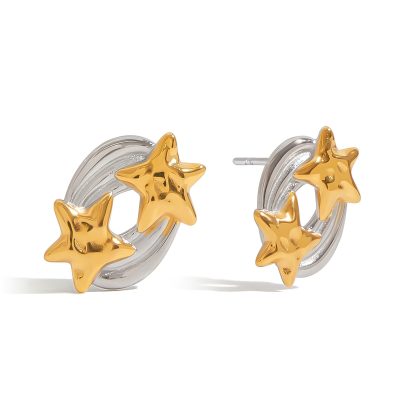 J&D Designer Two-Tone Stud Earrings Hammered Star Meteor 18K Gold Plated Stainless Steel Earrings Fashion Jewelry for Women
