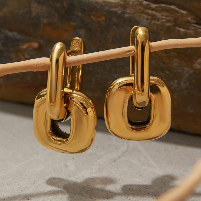 J&D Modern Minimalist Two-Tone Oval Earrings 18K Gold Stainless Steel Geometric Stackable Dainty Jewelry for Women - Image 6