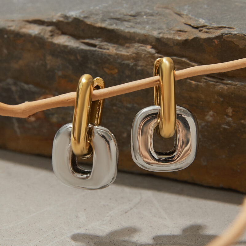 J&D Modern Minimalist Two-Tone Oval Earrings 18K Gold Stainless Steel Geometric Stackable Dainty Jewelry for Women - Image 3