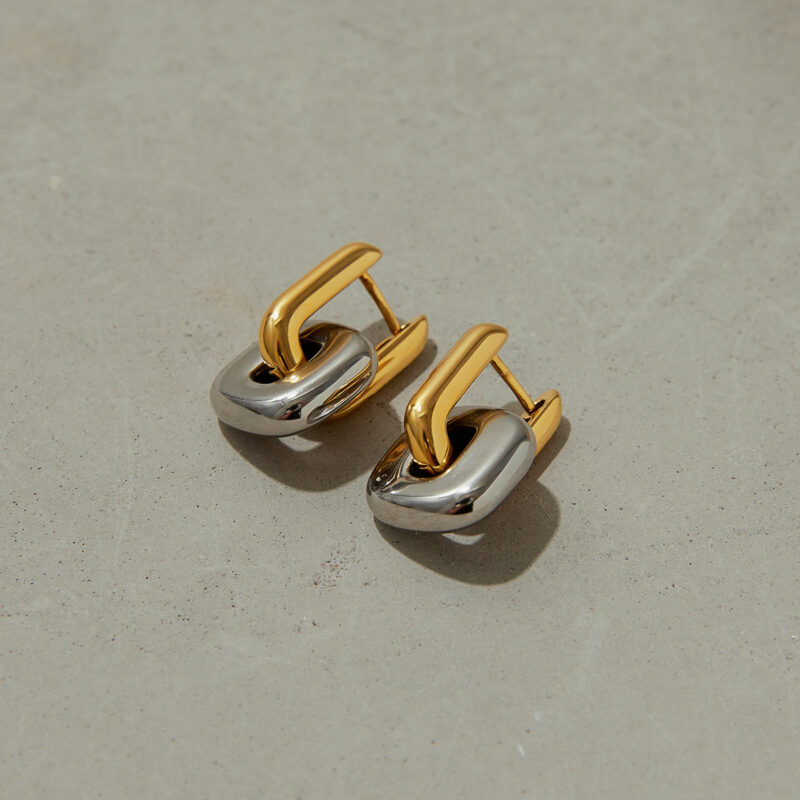 J&D Modern Minimalist Two-Tone Oval Earrings 18K Gold Stainless Steel Geometric Stackable Dainty Jewelry for Women - Image 2
