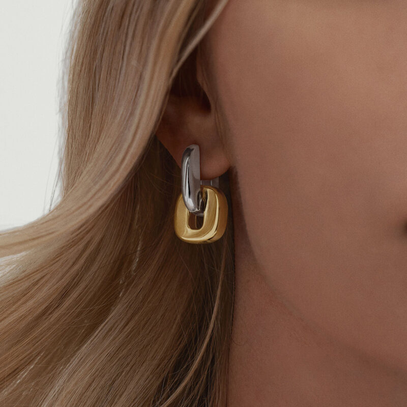 J&D Modern Minimalist Two-Tone Oval Earrings 18K Gold Stainless Steel Geometric Stackable Dainty Jewelry for Women - Image 4