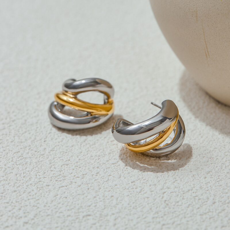 J&D Minimalist Two-Tone 18K Gold Stainless Steel Hypoallergenic Hollow Interlocking C Earrings Sustainable Stackable Jewelry - Image 2