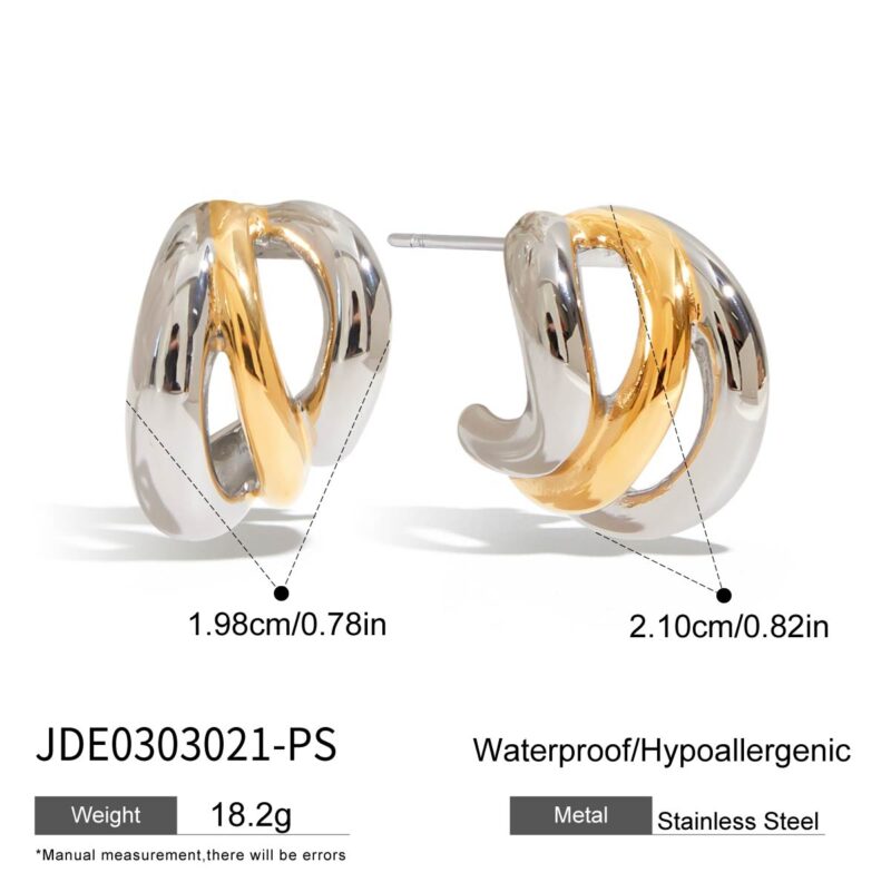 J&D Minimalist Two-Tone 18K Gold Stainless Steel Hypoallergenic Hollow Interlocking C Earrings Sustainable Stackable Jewelry - Image 5