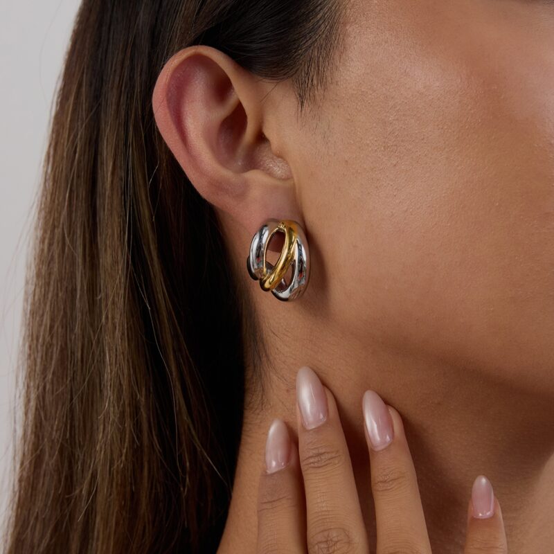 J&D Minimalist Two-Tone 18K Gold Stainless Steel Hypoallergenic Hollow Interlocking C Earrings Sustainable Stackable Jewelry - Image 3