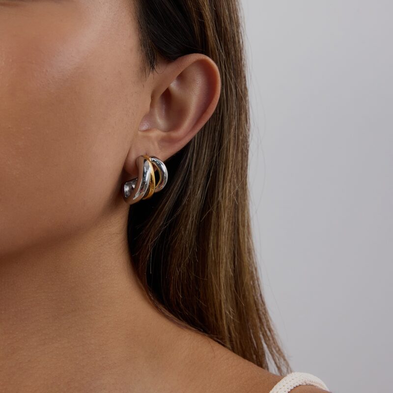 J&D Minimalist Two-Tone 18K Gold Stainless Steel Hypoallergenic Hollow Interlocking C Earrings Sustainable Stackable Jewelry - Image 4