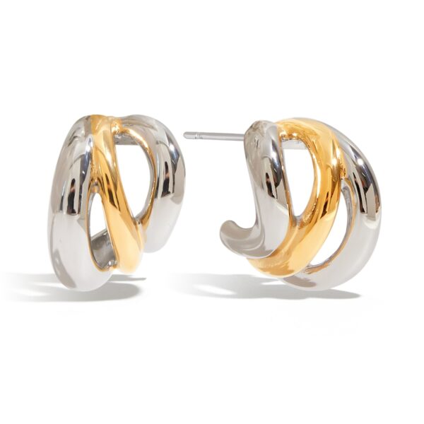 J&D Minimalist Two-Tone 18K Gold Stainless Steel Hypoallergenic Hollow Interlocking C Earrings Sustainable Stackable Jewelry
