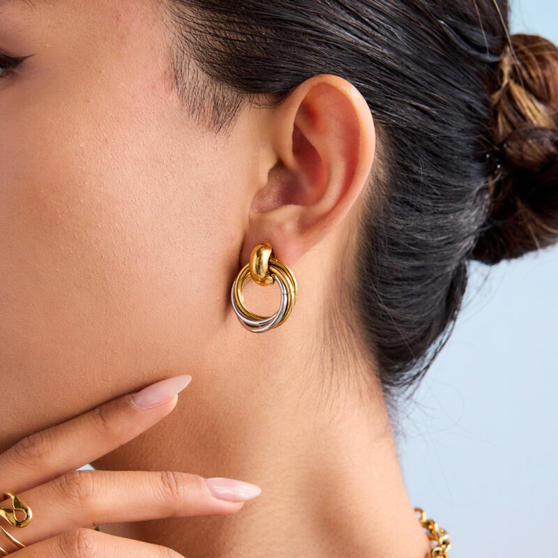 18K Gold Stainless Steel Round Hollow Earrings - Four-Loop Intertwined Two-Tone Classic Jewelry for Women - Image 3