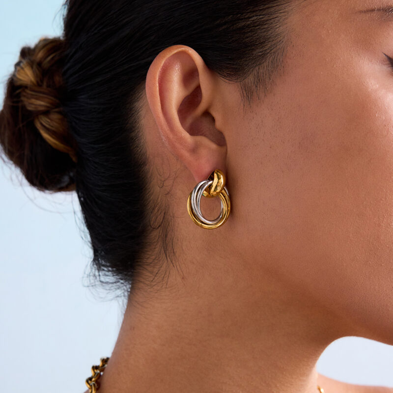 18K Gold Stainless Steel Round Hollow Earrings - Four-Loop Intertwined Two-Tone Classic Jewelry for Women - Image 4