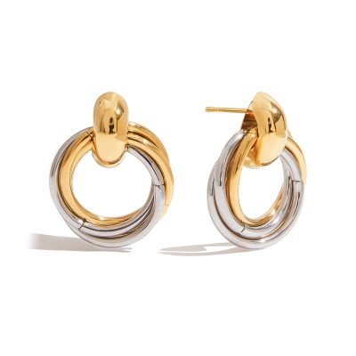 18K Gold Stainless Steel Round Hollow Earrings - Four-Loop Intertwined Two-Tone Classic Jewelry for Women