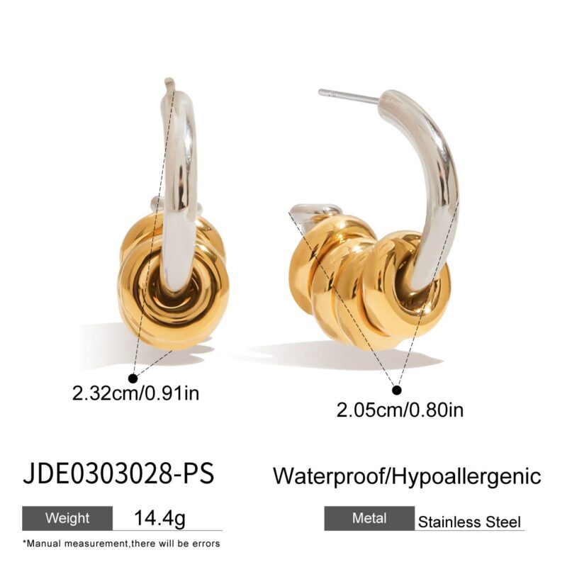 18K Gold Stainless Steel C-Hoop Earrings - Multi-Link Hollow Two-Tone Classic Jewelry for Women - Image 5