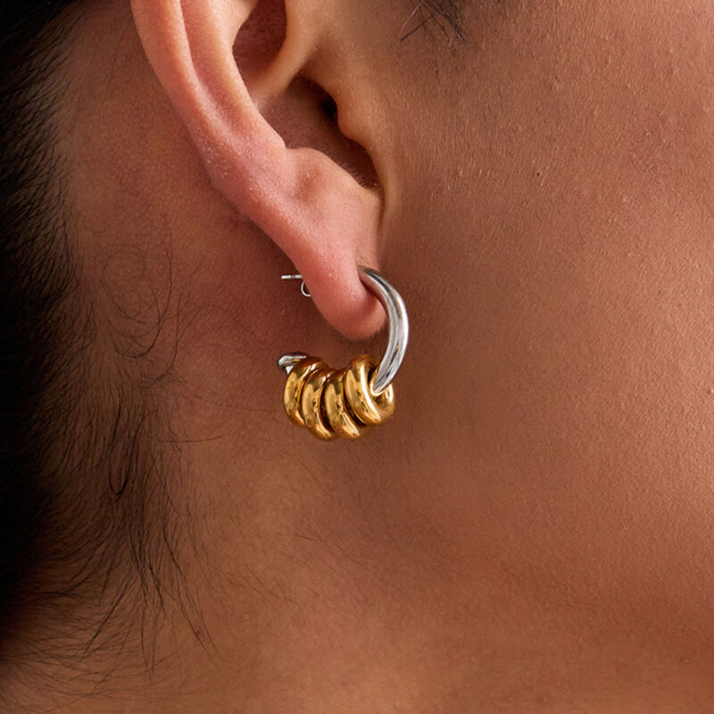 18K Gold Stainless Steel C-Hoop Earrings - Multi-Link Hollow Two-Tone Classic Jewelry for Women - Image 3