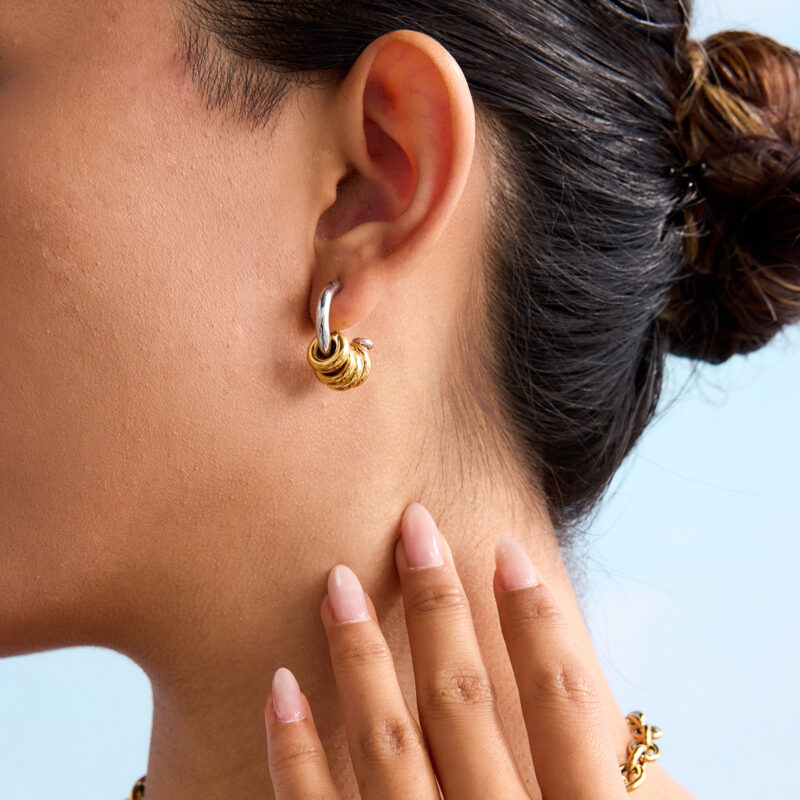 18K Gold Stainless Steel C-Hoop Earrings - Multi-Link Hollow Two-Tone Classic Jewelry for Women - Image 4