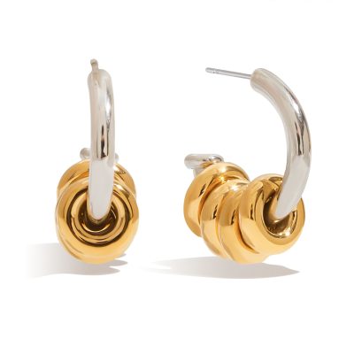 18K Gold Stainless Steel C-Hoop Earrings - Multi-Link Hollow Two-Tone Classic Jewelry for Women