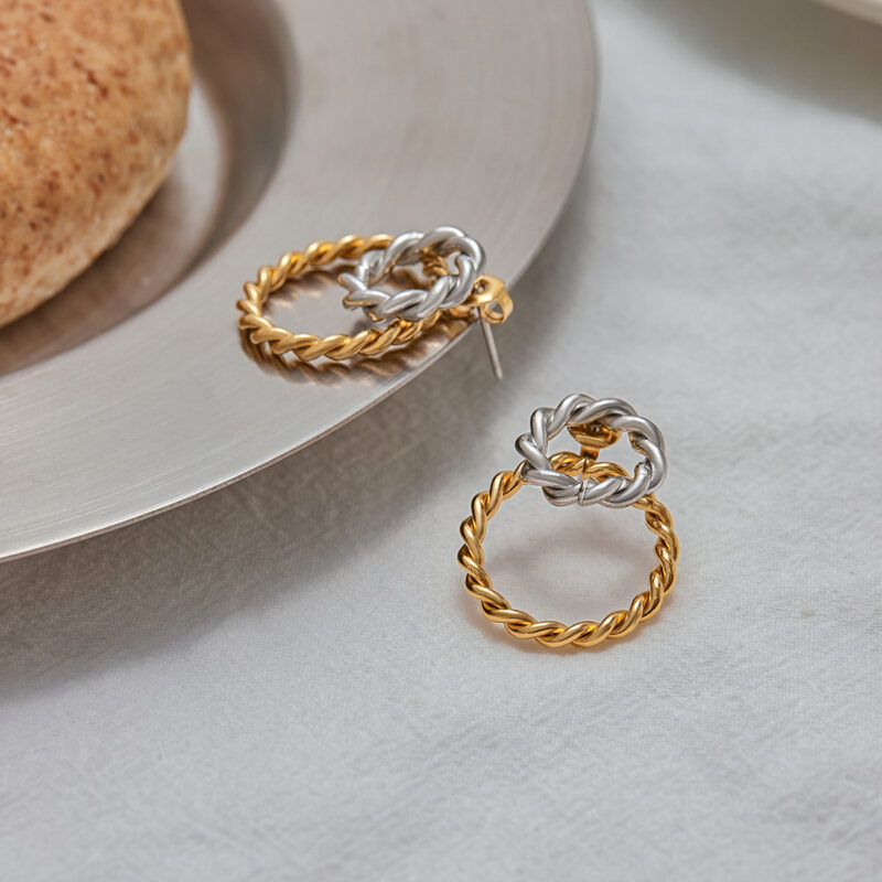 18K Gold Stainless Steel Double Hoop Earrings - Spiral Twist Hollow Two-Tone Classic Jewelry for Women - Image 2