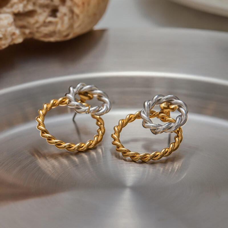 18K Gold Stainless Steel Double Hoop Earrings - Spiral Twist Hollow Two-Tone Classic Jewelry for Women - Image 3