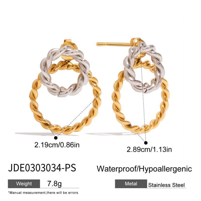 18K Gold Stainless Steel Double Hoop Earrings - Spiral Twist Hollow Two-Tone Classic Jewelry for Women - Image 6