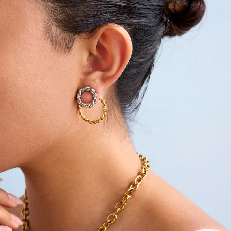 18K Gold Stainless Steel Double Hoop Earrings - Spiral Twist Hollow Two-Tone Classic Jewelry for Women - Image 5