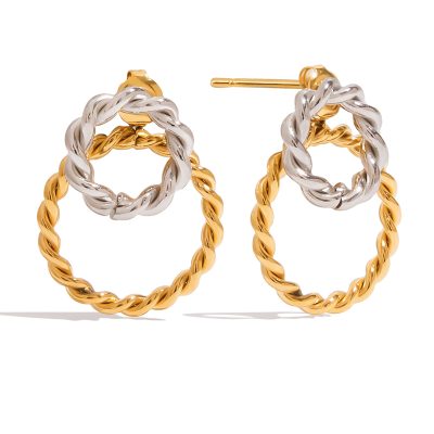 18K Gold Stainless Steel Double Hoop Earrings - Spiral Twist Hollow Two-Tone Classic Jewelry for Women