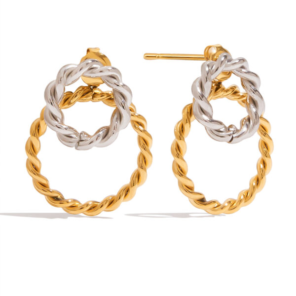 18K Gold Stainless Steel Double Hoop Earrings - Spiral Twist Hollow Two-Tone Classic Jewelry for Women